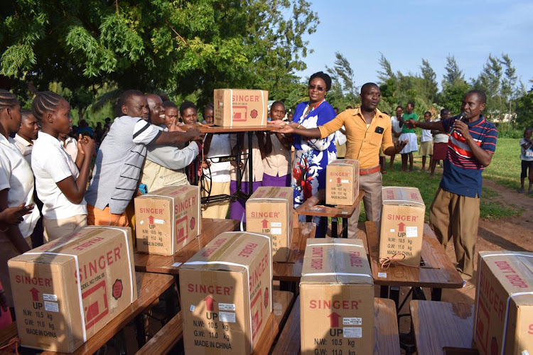 Malindi MP Aisha Jumwa during the distribution on sewing machines to sewing machines to Gahaleni Vocational Training Centre.