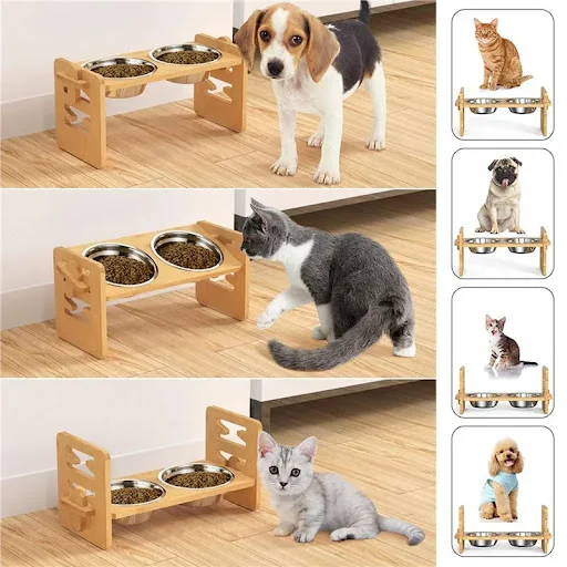 Bamboo Elevated Dog Bowls with Stand Adjustable Raised Puppy Cat Food Water Bowls Holder Rabbit Feeder for Small Medium 