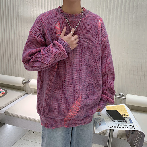 Title 2, Ripped Round Neck Sweater Men Loose Street styl...