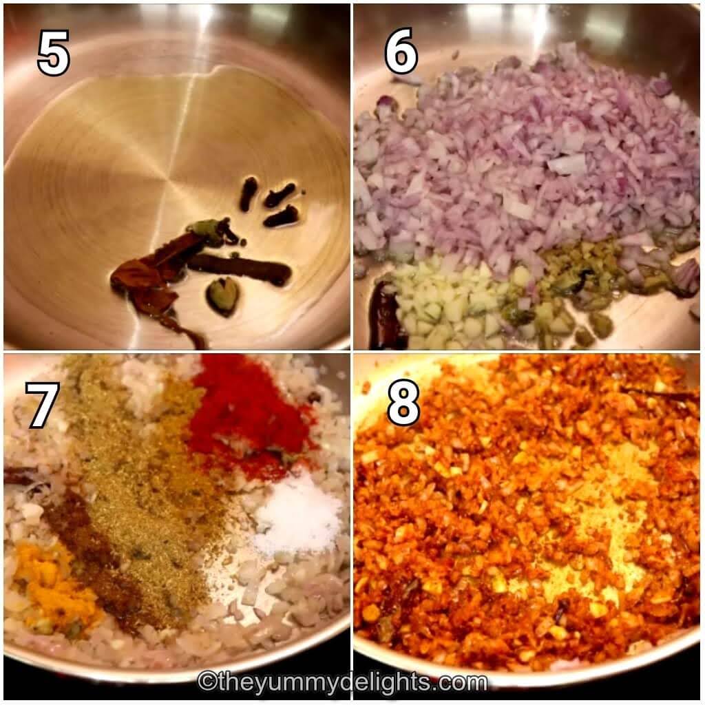 step by step image collage of roasting the spices to make restaurant style chicken curry
