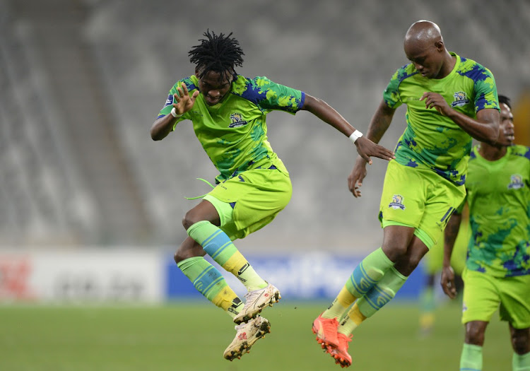 Nku Lesiba of Marumo Gallants celebrates his goal with teammate Letsie Koapeng of Marumo Gallants during the DStv Premiership 2022/23 game between Cape Town City and Marumo Gallants at Cape Town Stadium.