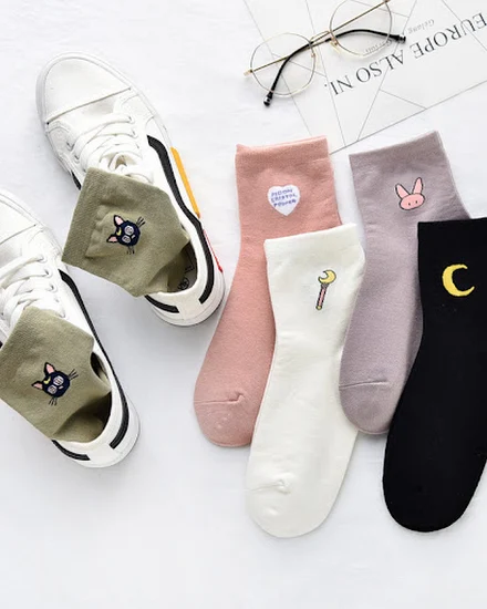 Women Solid Lovely Patterned Harajuku Socks Cotton Casual... - 2