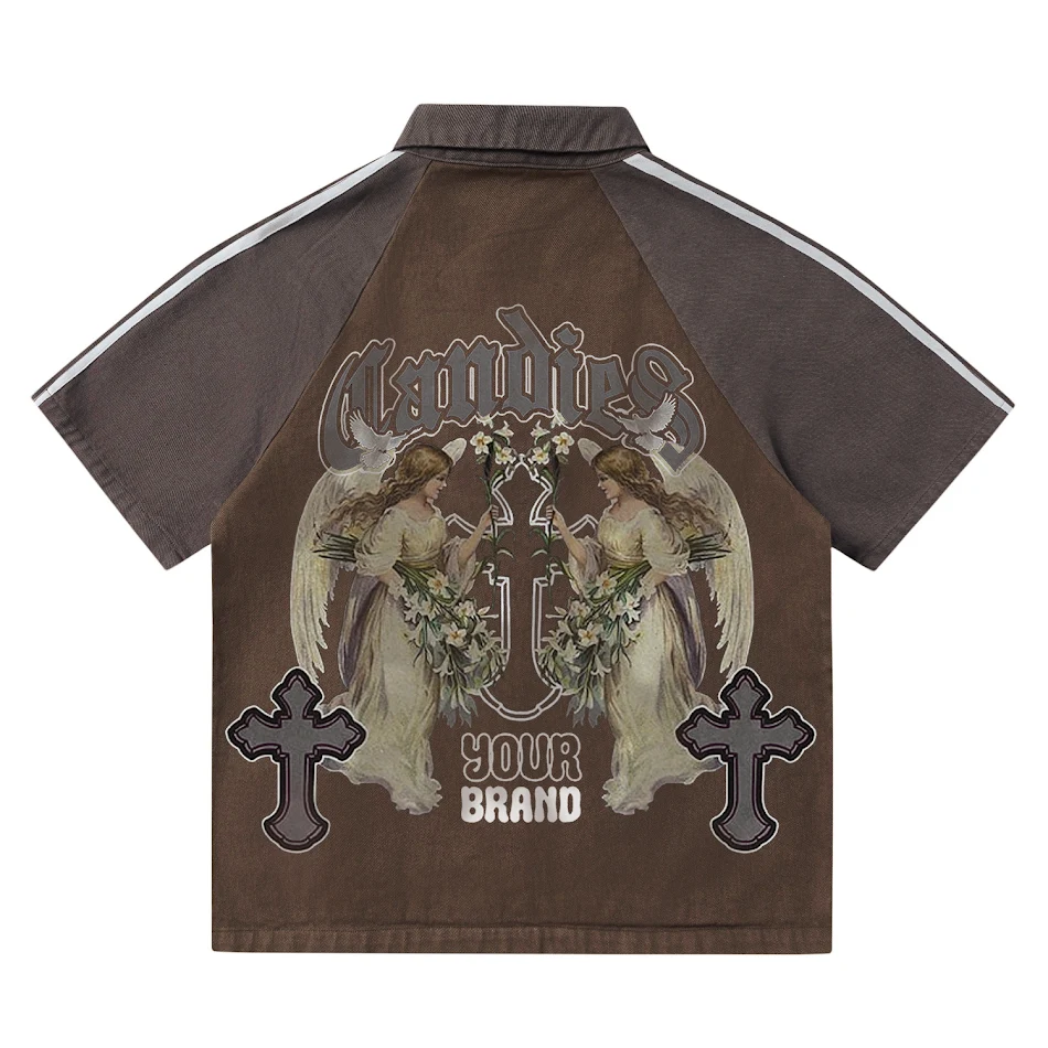 Chaqueta Americana Retro Bordada con Costuras de Bar y Mangas Raglán Cortas para Hombre, Estilo Vintage y Cómodo.