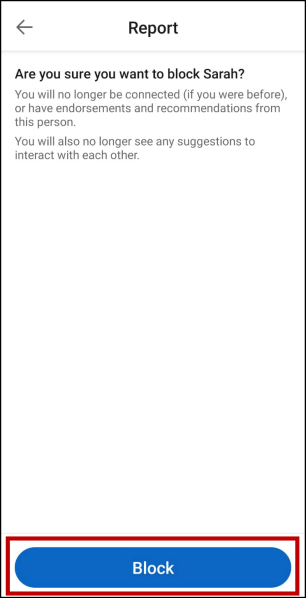 Tap on 'Block' as the last step to block someone on LinkedIn App.