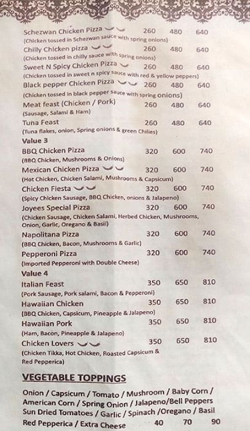 Joyees Pizza menu 