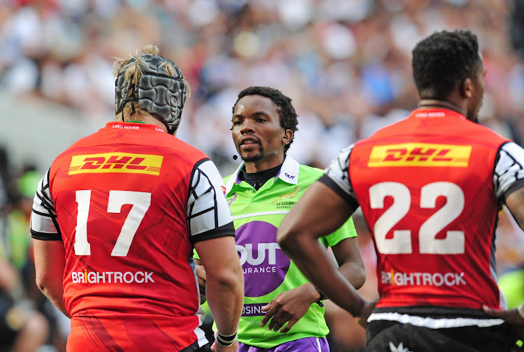 Super Rugby referee Rasta Rasivhenge takes charge of a pre-season SuperHero Sunday match between the DHL Stormers and the Vodacom Bulls at Cape Town Stadium in February 2019.