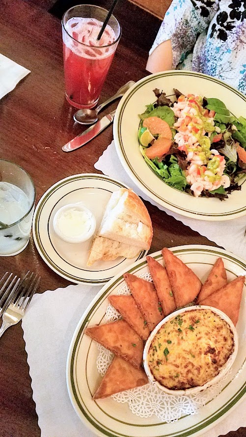 Jake's Famous Crawfish lunch for us that we shared, Oregon Bay Shrimp and Avocado Salad with Wild Oregon Bay Shrimp, Avocado and Grapefruit Segments tossed in a Lime Avocado Vinaigrette and a starter of Dungeness Crab and Artichoke Dip in Portland, Oregon