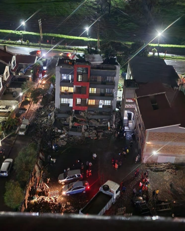 Ariel view of the scene of the collapsed building.