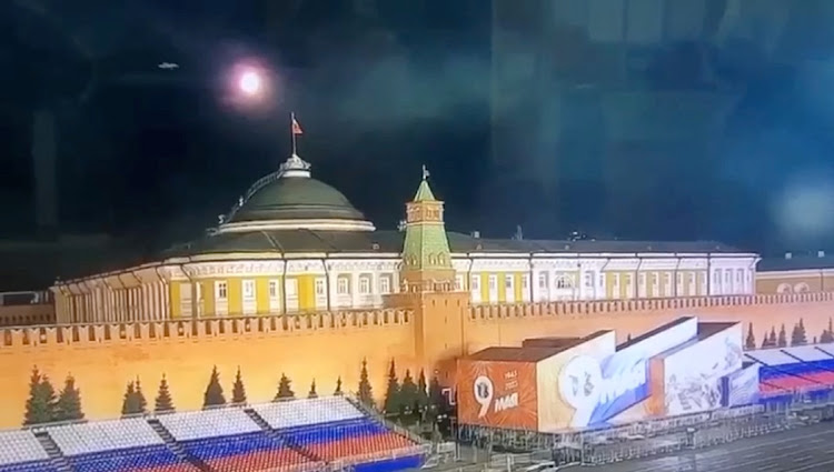 A still image from a video shows a flying object approaching the dome of the Kremlin on May 3 2023 during an alleged Ukrainian drone attack in Moscow, Russia.