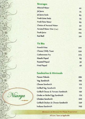 Nisarga - South Coast Hotel menu 