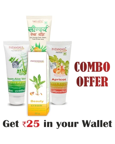 Patanjali Beauty Combo- Saundarya Face Wash 60Ml+Neem Aloevera With Cucumber Face Pack 60Gm+Apricot Face Scrub 60Gm+Beauty Cream 50 Gm- Rs 25 Off - 240 gm