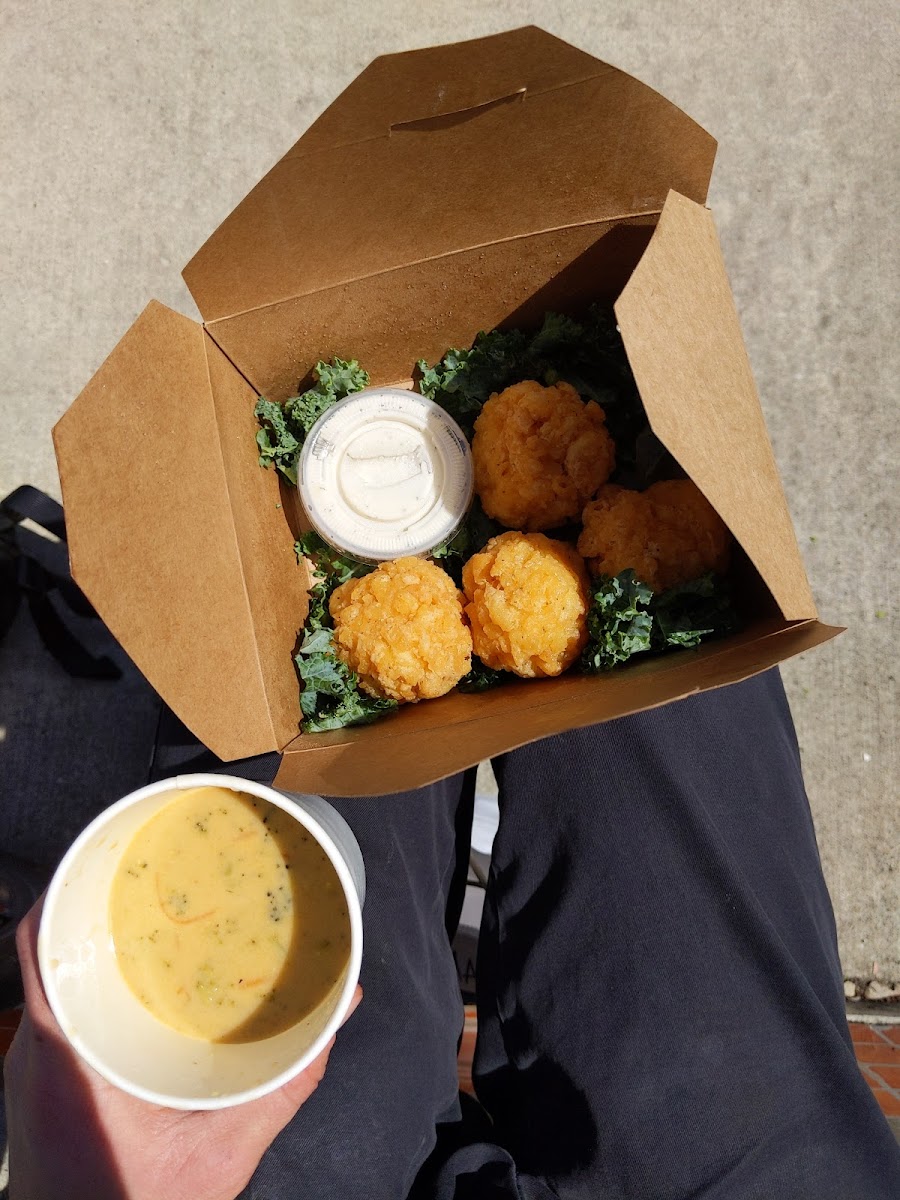 Mac n Cheese balls! (soy free, gluten free) & Broccoli Cheddar soup (GF)