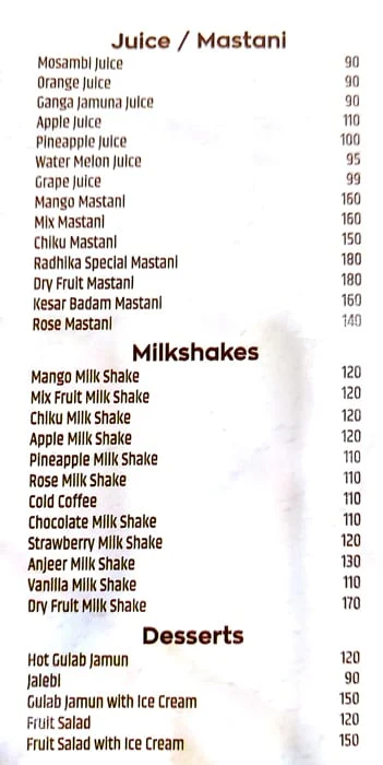 Radhika Veg Restaurant menu 