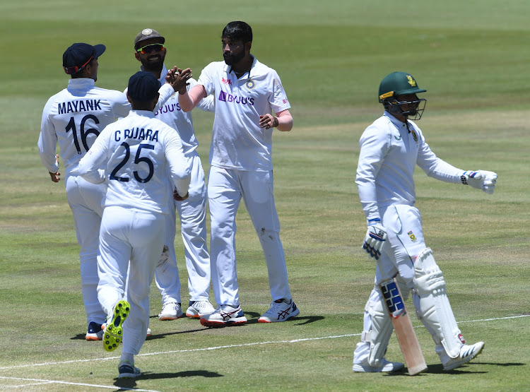 Mohammed Siraj of India celebrates the wicket of Quinton de Kock of the Proteas on day 5 of the first Test at SuperSport Park in Centurion on December 30 2021.