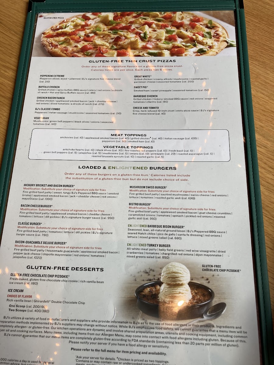 BJ's Brewhouse gluten-free menu