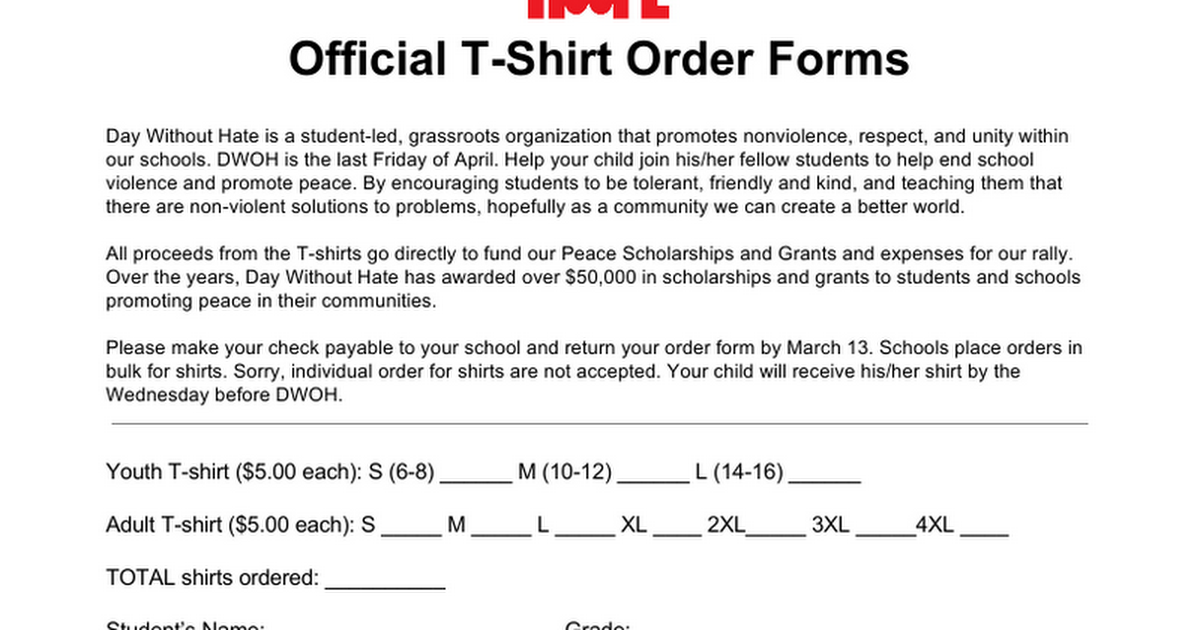 Official DWOH T-shirt Order Form