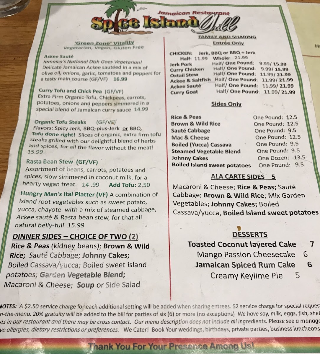 Menu August 2018. Spice Island Grill.