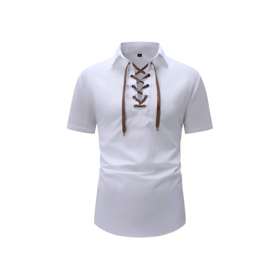 Men's Cotton and Linen Lapel Loose V-neck Lace Shirt, European and American style, perfect for a comfortable, breathable