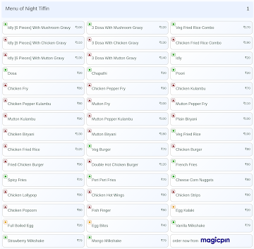 Night Tiffin menu 