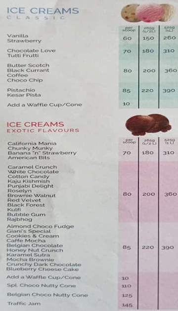 Giani's Ice Cream menu 