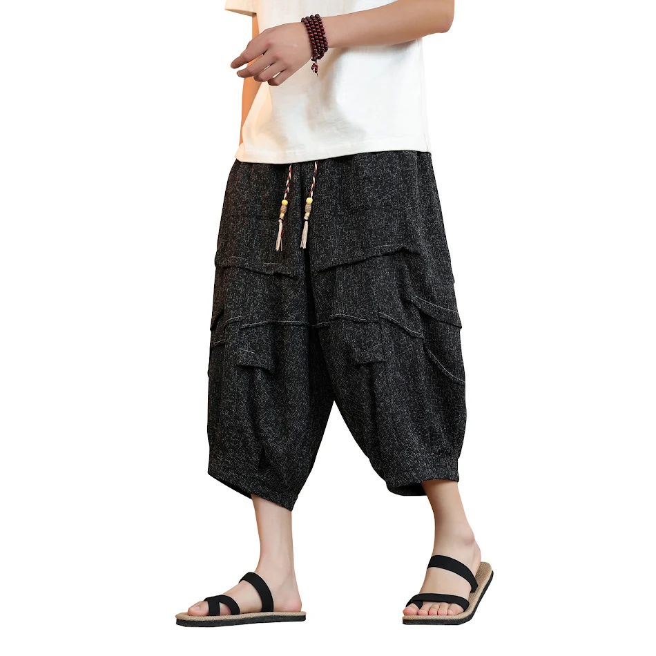 Men's New Chinese Style Ice Silk Pleated Cropped Pants. Loose Fit Wide Leg Trousers. Comfortable and Stylish for Summer.