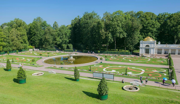 The well-manicured gardens of Peterhof Palace near St. Petersburg, Russia.