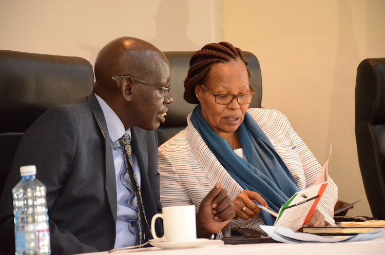 Education PS Belio Kipsang with KNEC CEO Mercy Karogo during the meeting with education stakeholders forum on the preparedness of the 2019 KCPE, KCSE examinations at KICD, Nairobi,June 24, 2019.