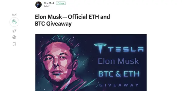 Screengrab showing the now-deleted page promoting a fake BTC Elon Musk giveaway