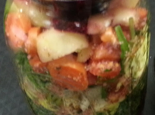 Salad in Mason jar. Portable, quick and easy to make. Create loads of recipes and provides for container.