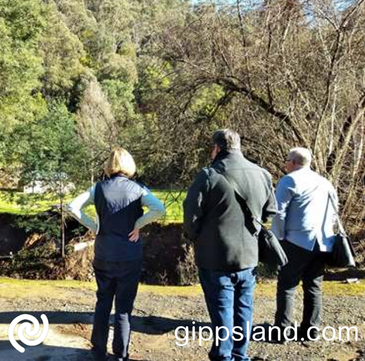 BRV Acting CEO Carmel Flynn, Baw Baw Shire Council Municipal Recovery Manager Christian Thomas and CEO Mark Dupe survey the damage in Walhalla