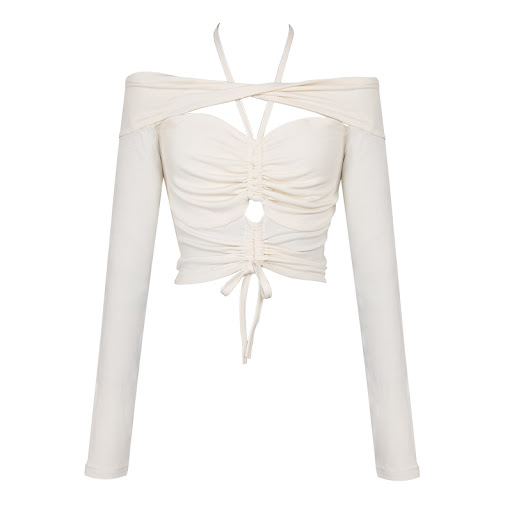 Title 5, Off Shoulder Drawstring Waist Cut Out Long Slee...