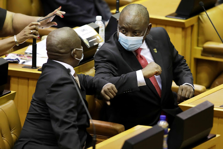 President Cyril Ramaphosa greets vice president David Mabuza in parliament ahead of his fifth State of the Nation address on Thursday.