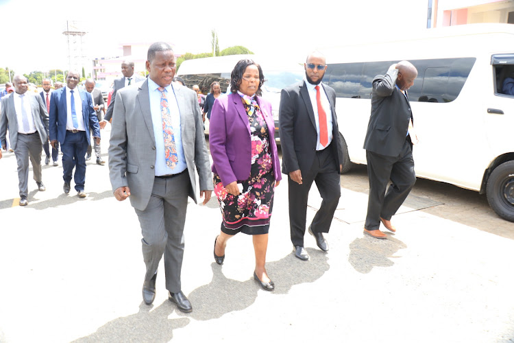 Dr. Robert Pukose, Endebess MP and Chair of the National Assembly Committee on Health, Prof. Olive Mugenda, Board Chairman of the Kenyatta University Teaching, Referral & Research Hospital, and Ahmed Dagane, the Chief Executive Officer, are pictured during the committee's visit to the institution on Tuesday, March 19, 2024.