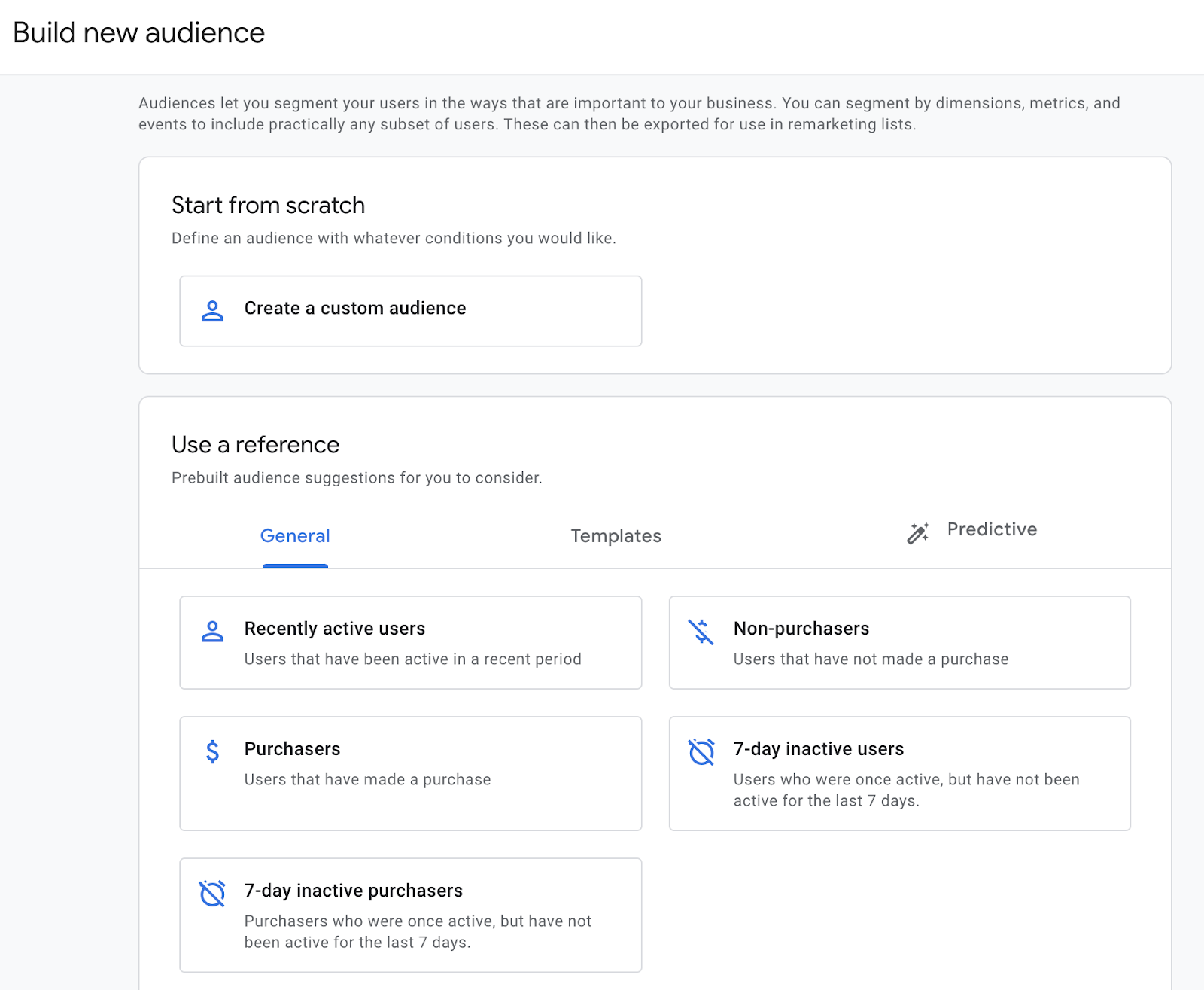 Create a custom audience from scratch or choose one of the suggestions or templates to start.