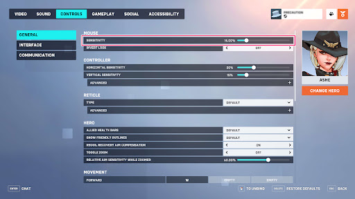 Sensitivity settings for normal view