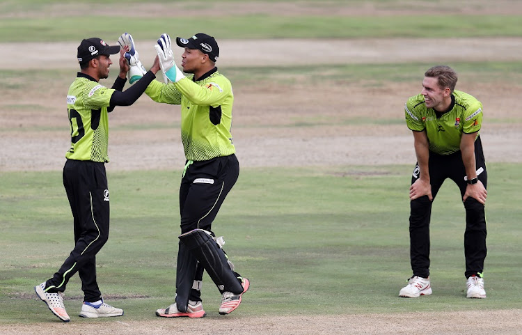 Yaseen Vallie of the Warriors celebrates catching out Farhaan Behardien of the Titans with teammates during the Momentum One Day Cup 2017/18 Semi Final match between The Multiply Titans and Warriors at SuperSport Park, Centurion South Africa on 30 January 2018.