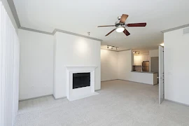 Fireplace in living area with neutral carpeting, ceiling and light fixture, and view of kitchen