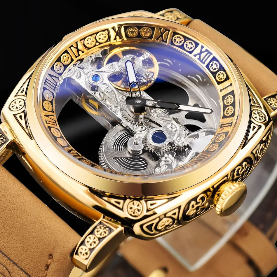Heren holle automatische mechanische horloge, zichtbaar skeletuurwerk, waterdicht, nauwkeurig uurwerk, stijlvol en elegant design.