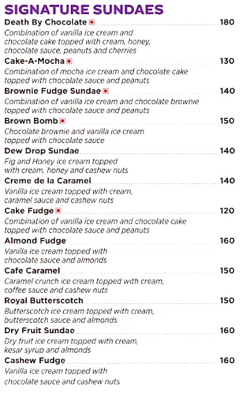 Corner House Ice Cream menu 