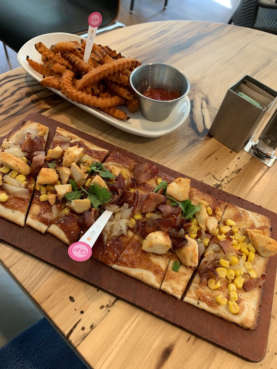 BBQ Chicken flatbread (no cheese) and sweet potato fries