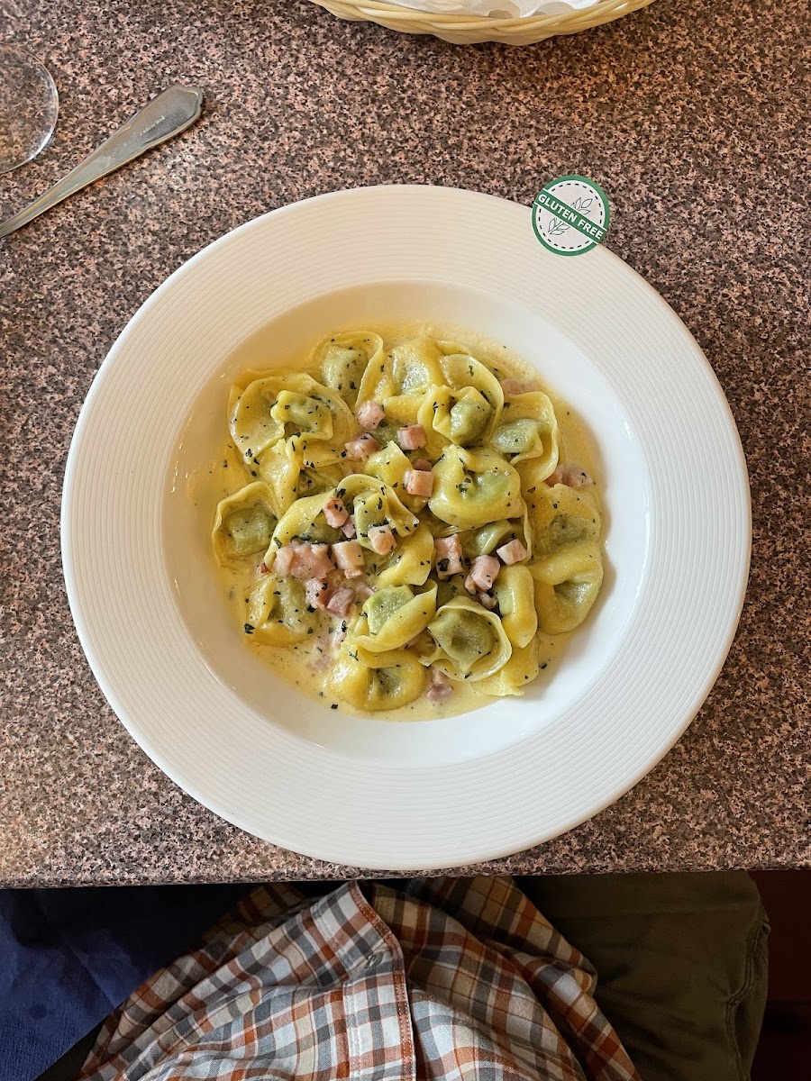Homemade tortellini stuffed with asparagus and ricotta in ham and cream sauce - note the little green GF sticker
