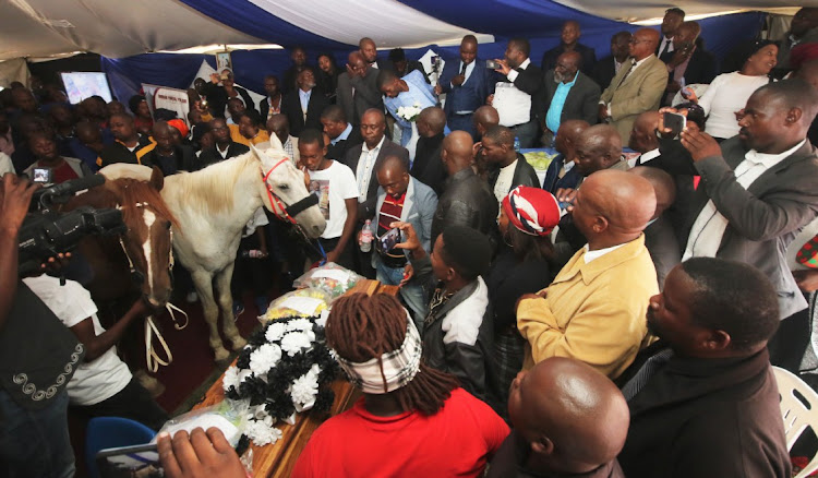 Anele Luntinto's renowned racing champions, Zinto and Khathaza'amanyamadoda, stand by the coffin during his funeral.