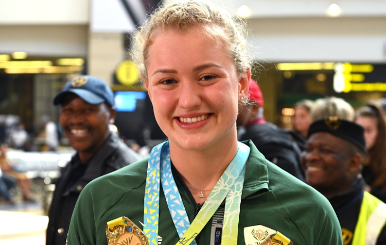 Lara van Niekerk during the Team South Africa swimmers arrival at OR Tambo International Airport on August 5 2022 in Johannesburg. Picture: GALLO IMAGES/LEE WARREN