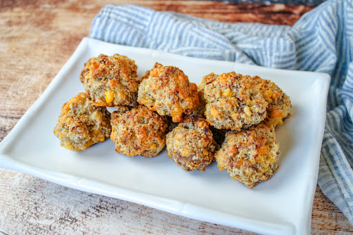 A platter of Firecracker Cheddar Bay Sausage Balls.