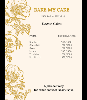 Bake My Cake menu 