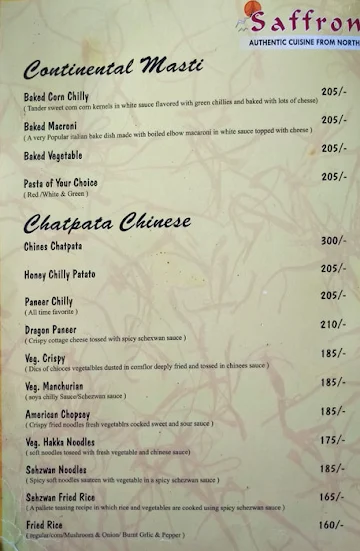 Saffron Restaurant menu 