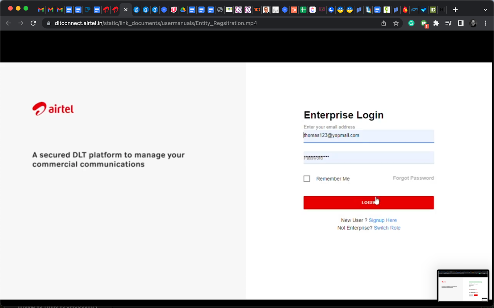 An enterprise inputting log in details on the Airtel DLT website | SMScountry