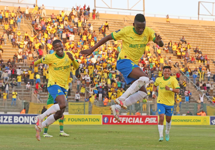 Mamelodi Sundowns midfielder Lesiba Nku celebrates a goals with teammates during a DStv Premiership match against Golden Arrows at Lucas Moripe Stadium in Pretoria on August 15 2023.