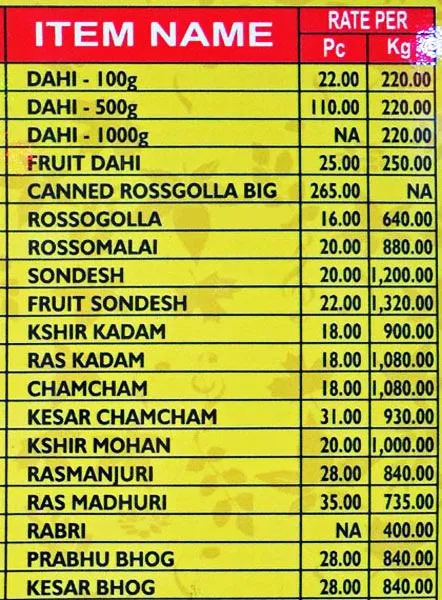 Kc Das - Sweet Spot menu 