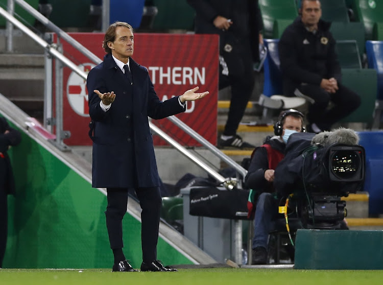 Italy coach Roberto Mancini reacts during the World Cup Uefa Qualifier Group C clash against Northern Ireland at Windsor Park, Belfast on November 15, 2021